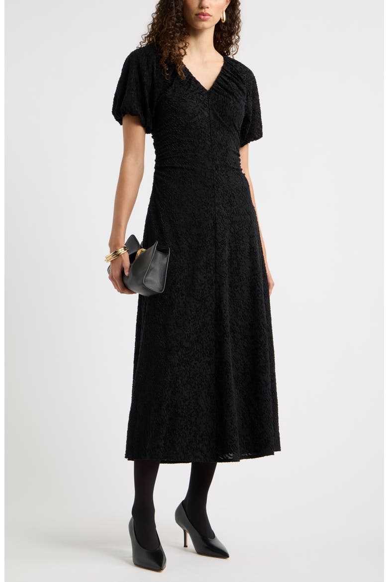Ruched V-Neck Textured Knit Midi Dress, Alternate, color, BLACK