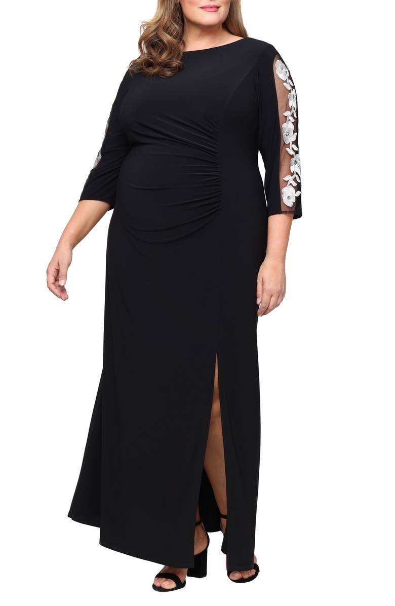 SL FASHIONS Embroidered Illusion Sleeve Jersey Gown, Main, color, Black Ivory