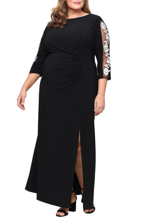 Sl Fashions Embroidered Illusion Sleeve Jersey Gown In Black