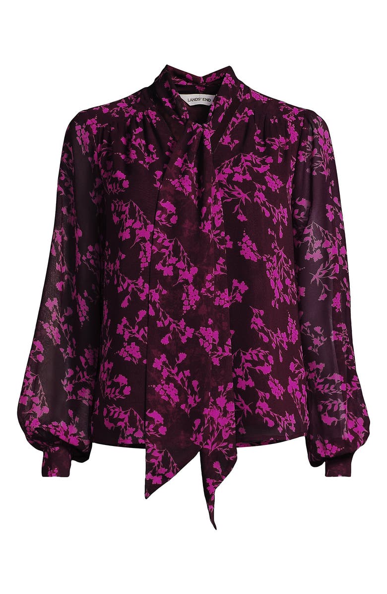 Lands' End Chiffon Removable Tie Neck Blouse, Alternate, color, Lush Burgundy Wildflowers