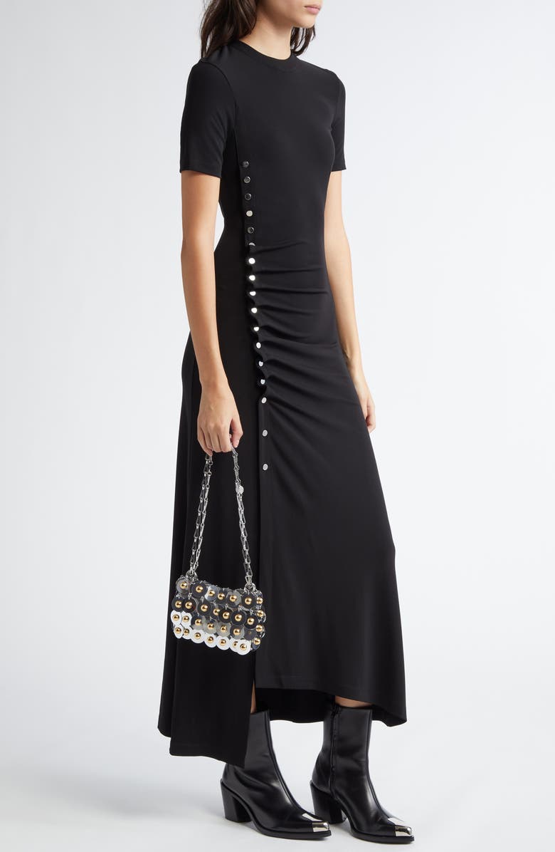 Rabanne Drapé Pression Short Sleeve Maxi Dress, Main, color, Black