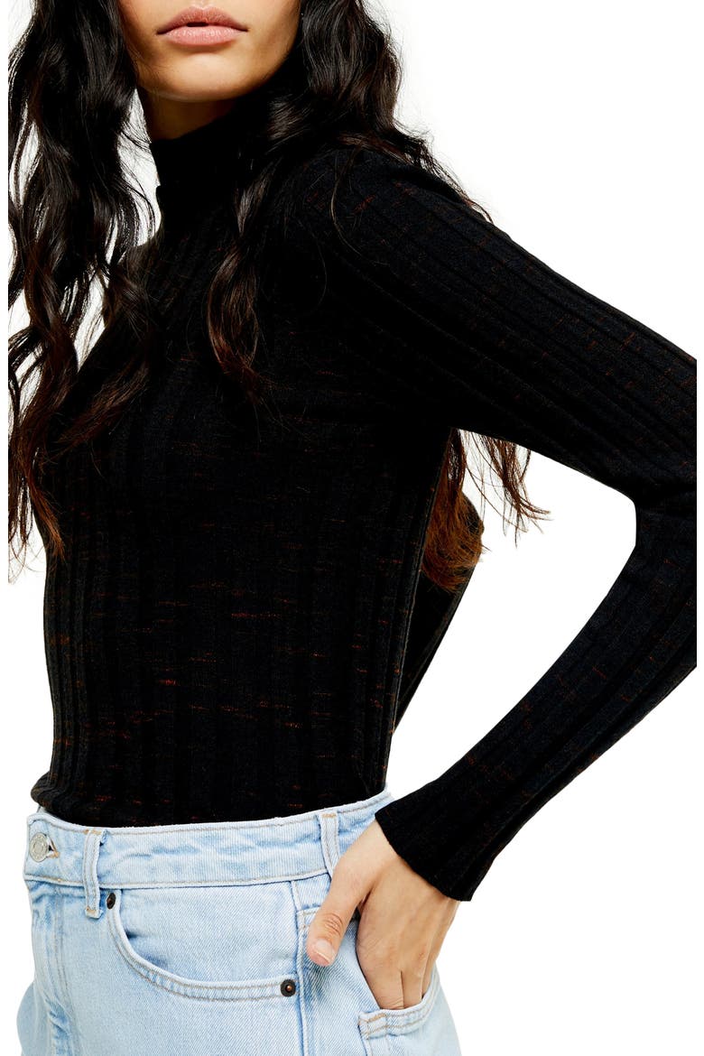 Ribbed Marled Mock Neck Top, Alternate, color, BLACK
