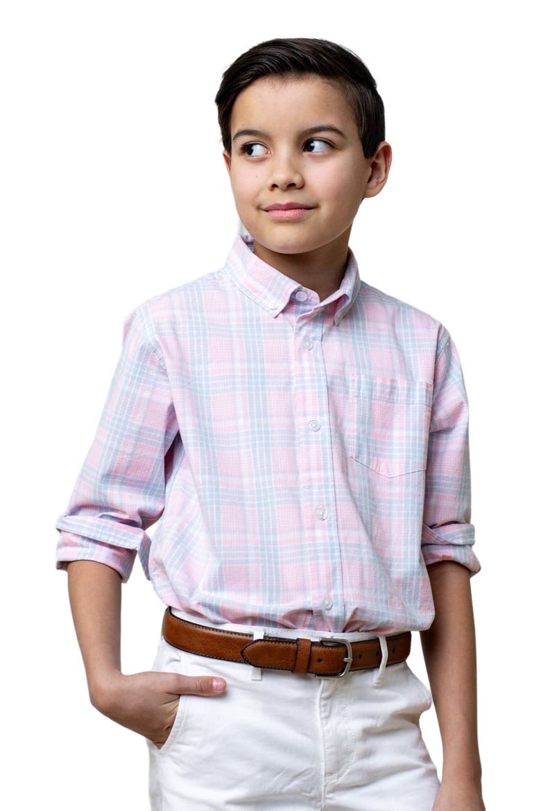 Boys' Organic Stretch Poplin Shirt, Kids, Alternate, color, Pink Petal Plaid