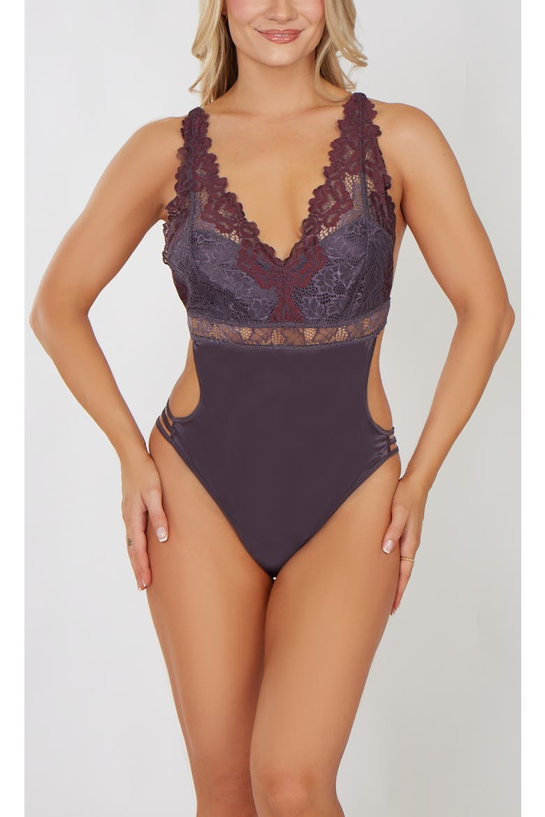 Lace Bodice Cutout Stretch Satin Teddy, Main, color, Magnet