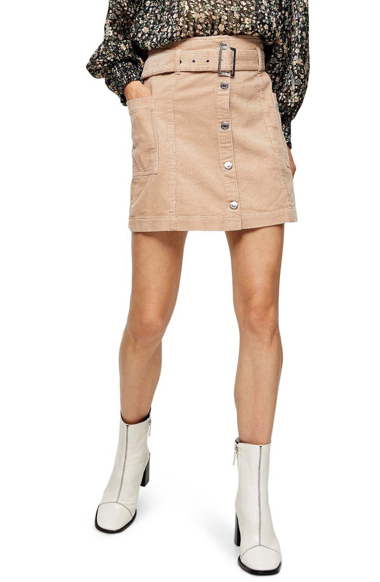 Topshop Corduroy Button Belted Miniskirt, Main, color,