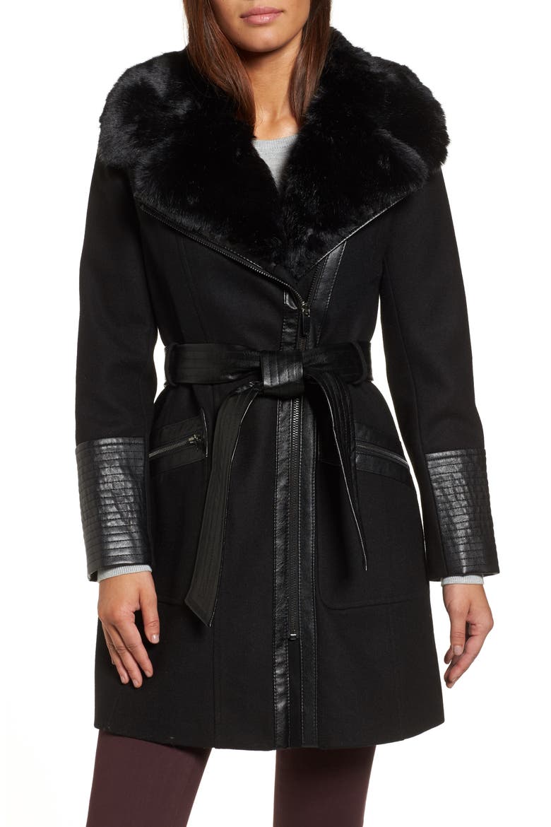 Faux Leather & Faux Fur Trim Belted Wool Blend Coat, Main, color, Z/DNUBLACK