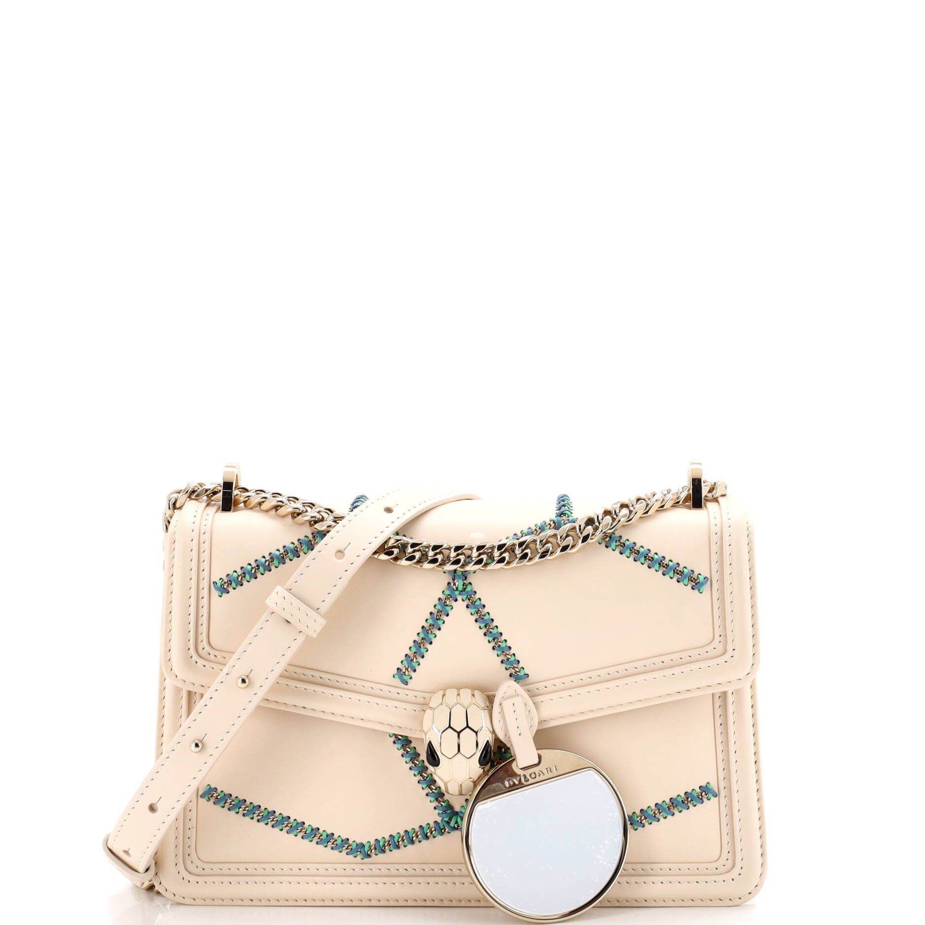 Serpenti Forever Shoulder Bag Whipstitched Leather Small, Alternate, color, White