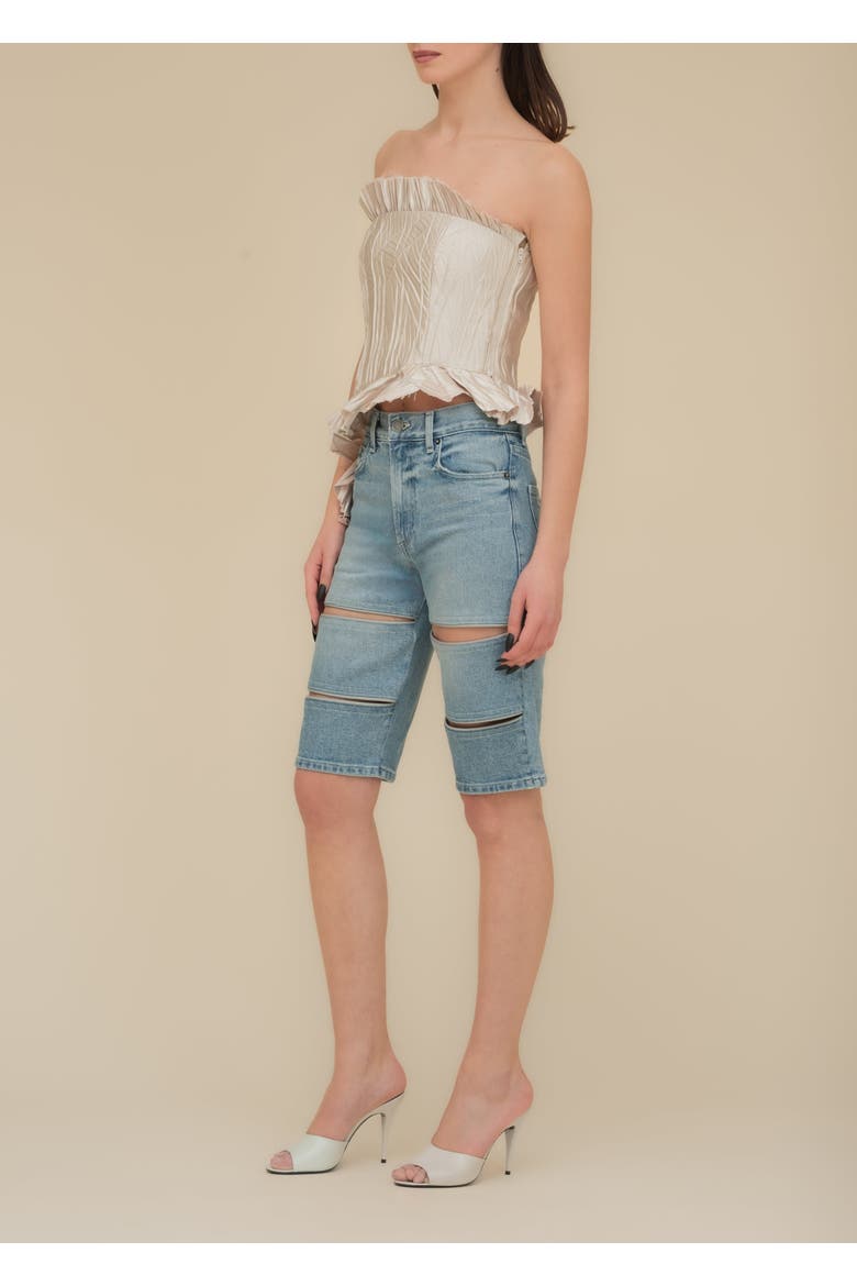 Arcana with Leather Trim Mid-Rise Slim Denim Jean Short, Alternate, color, Indigo Denim