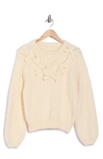 Love By Design Faux Pearl & Bow Embellished Crewneck Sweater In Neutral