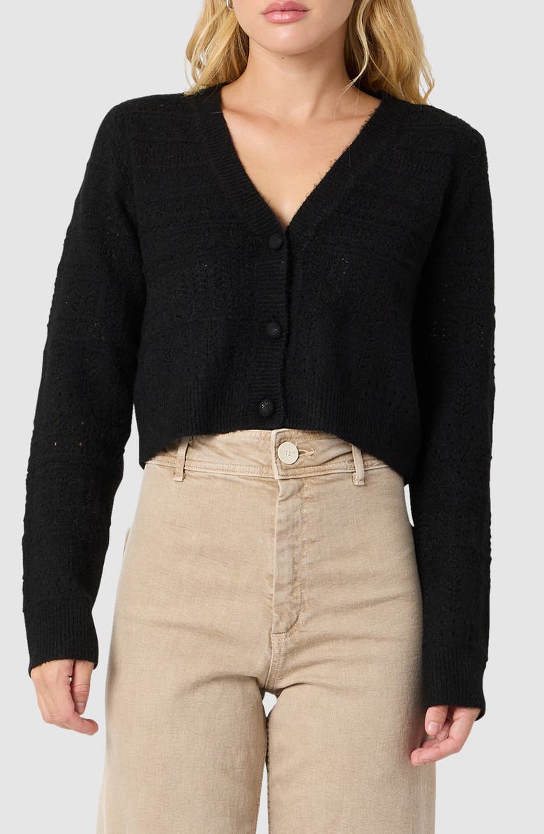 All in Favor Pointelle Crop Cardigan, Main, color, Black