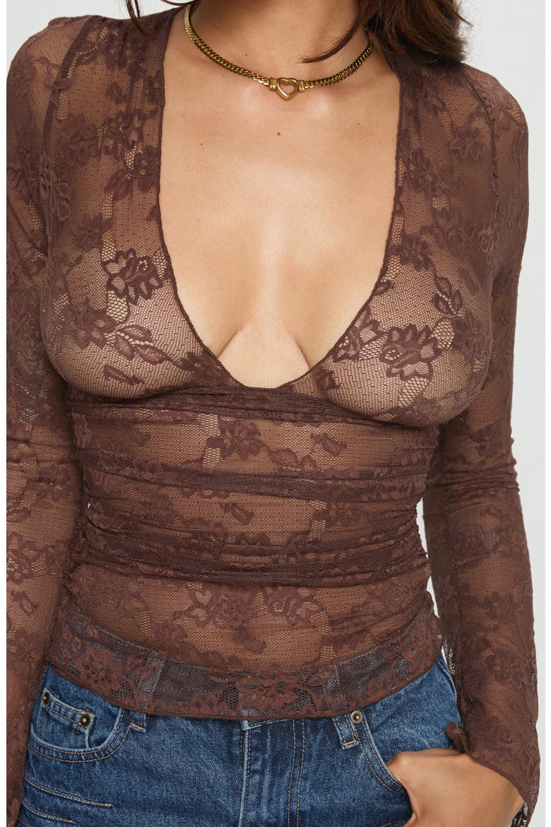 Nydia V-Neck Sheer Lace Top, Alternate, color, CHOCOLATE