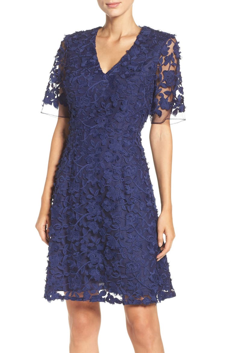 Lace Mesh Fit & Flare Dress, Main, color, ADMIRAL BLUE