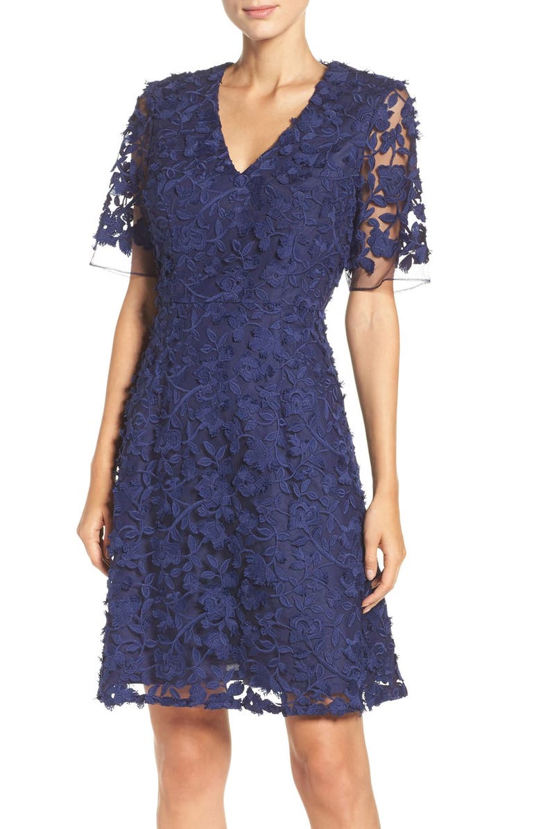 Adrianna Papell Lace Mesh Fit & Flare Dress, Main, color, 