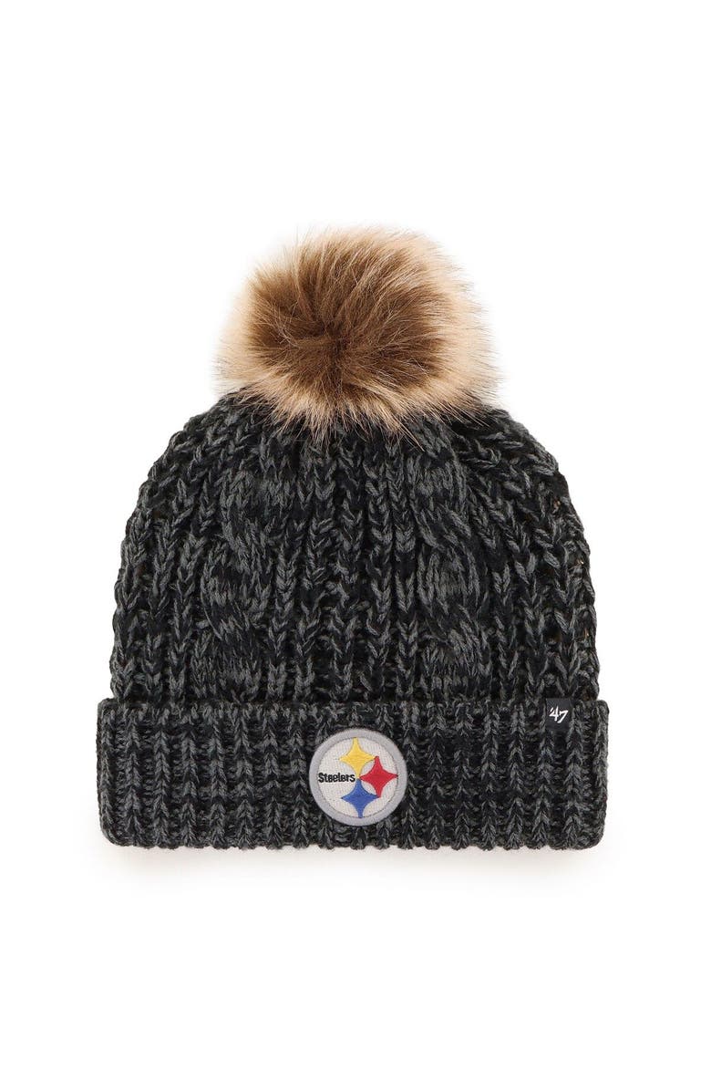 '47 Women's '47 Black Pittsburgh Steelers Logo Meeko Cuffed Knit Hat with Pom, Main, color, 