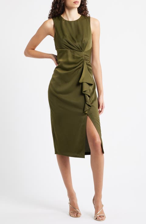 Ruffle Detail Sleeveless Satin Sheath Midi Dress