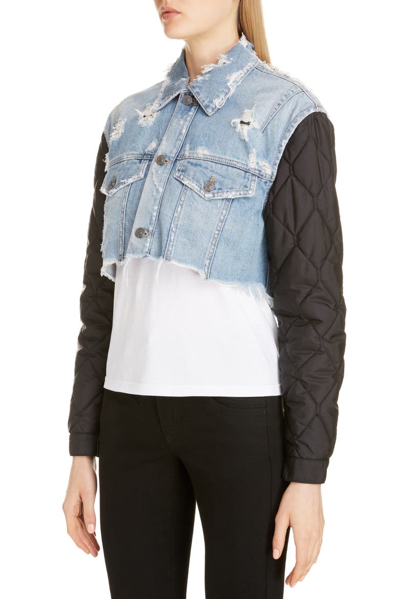 Quilted Sleeve Destroyed Denim Jacket, Alternate, color, BLACK/ LIGHT BLUE