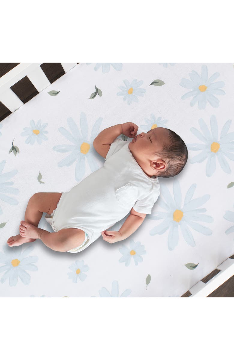 Lambs & Ivy Sweet Daisy 100% Cotton Floral Baby Fitted Crib Sheet, Alternate, color, White/ Blue