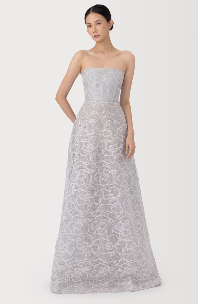 SAU LEE Yvonne Floral Embroidered Strapless Gown, Alternate, color, Silver Grey