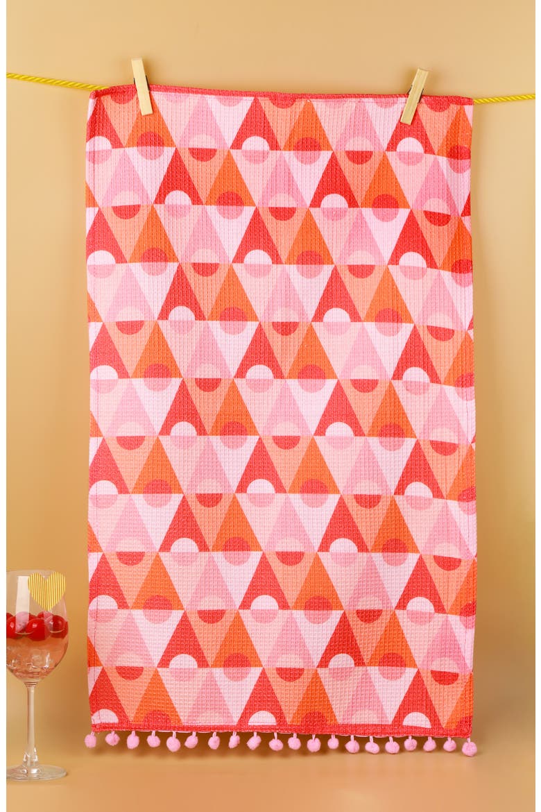 Bright Geometric Pompom Set of 3 Cotton Kitchen Towels, Alternate, color, HOT PINK/ ORANGE/ CO