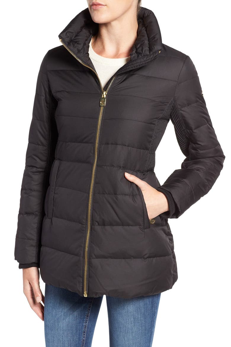 Hooded Down & Feather Fill Coat with Faux Fur Trim, Alternate, color, BLACK