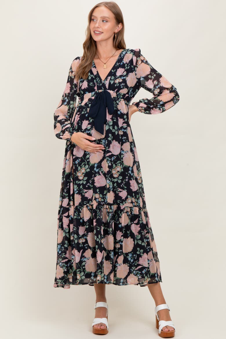 Floral Chiffon Bow Tie Front Maxi Dress, Main, color, Navy Blue