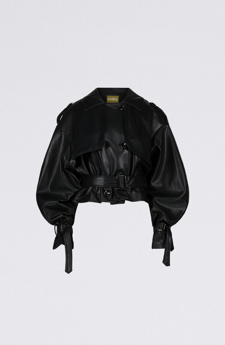 SAEMDI Cropped PU Trench Jacket, Alternate, color, Black