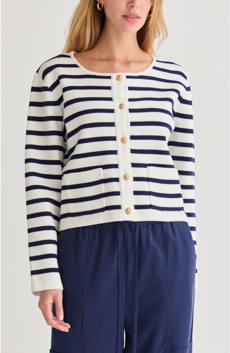 CRESCENT Striped Jacquard Knit Cardigan, Main, color, Ivory/Navy