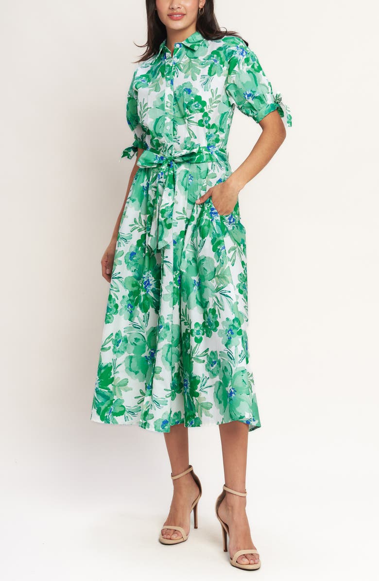 FLYING TOMATO Floral Midi Shirtdress, Alternate, color, Ivory/ Green