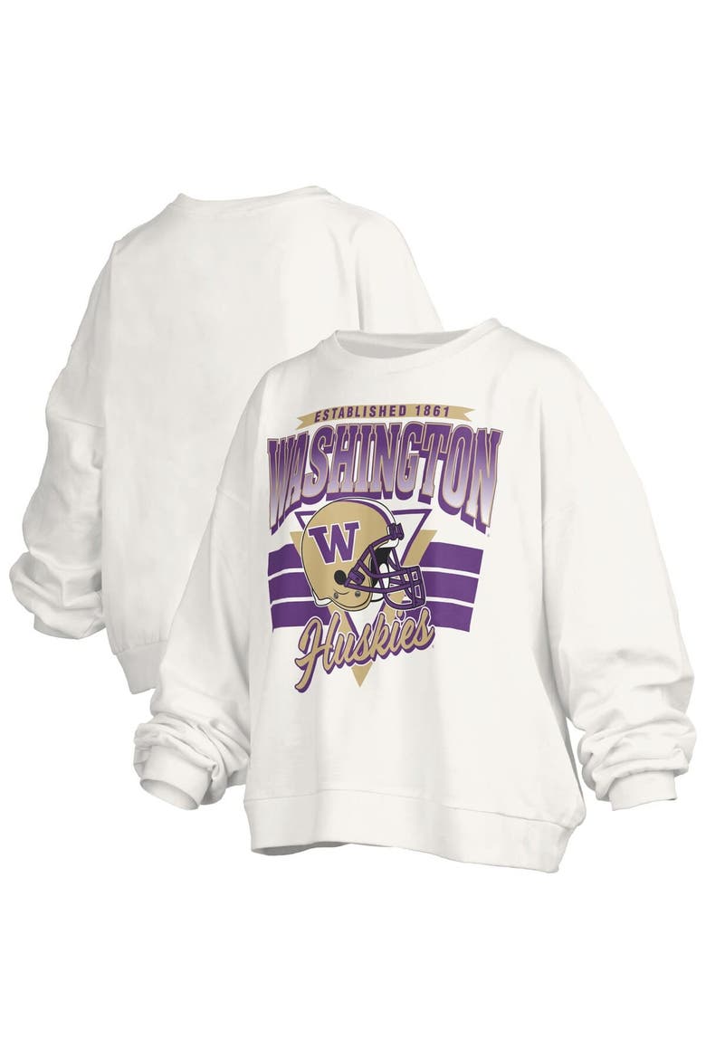 Women's Pressbox White Washington Huskies Oversized Janice Retro Waist-Length Pullover Sweatshirt, Main, color, White