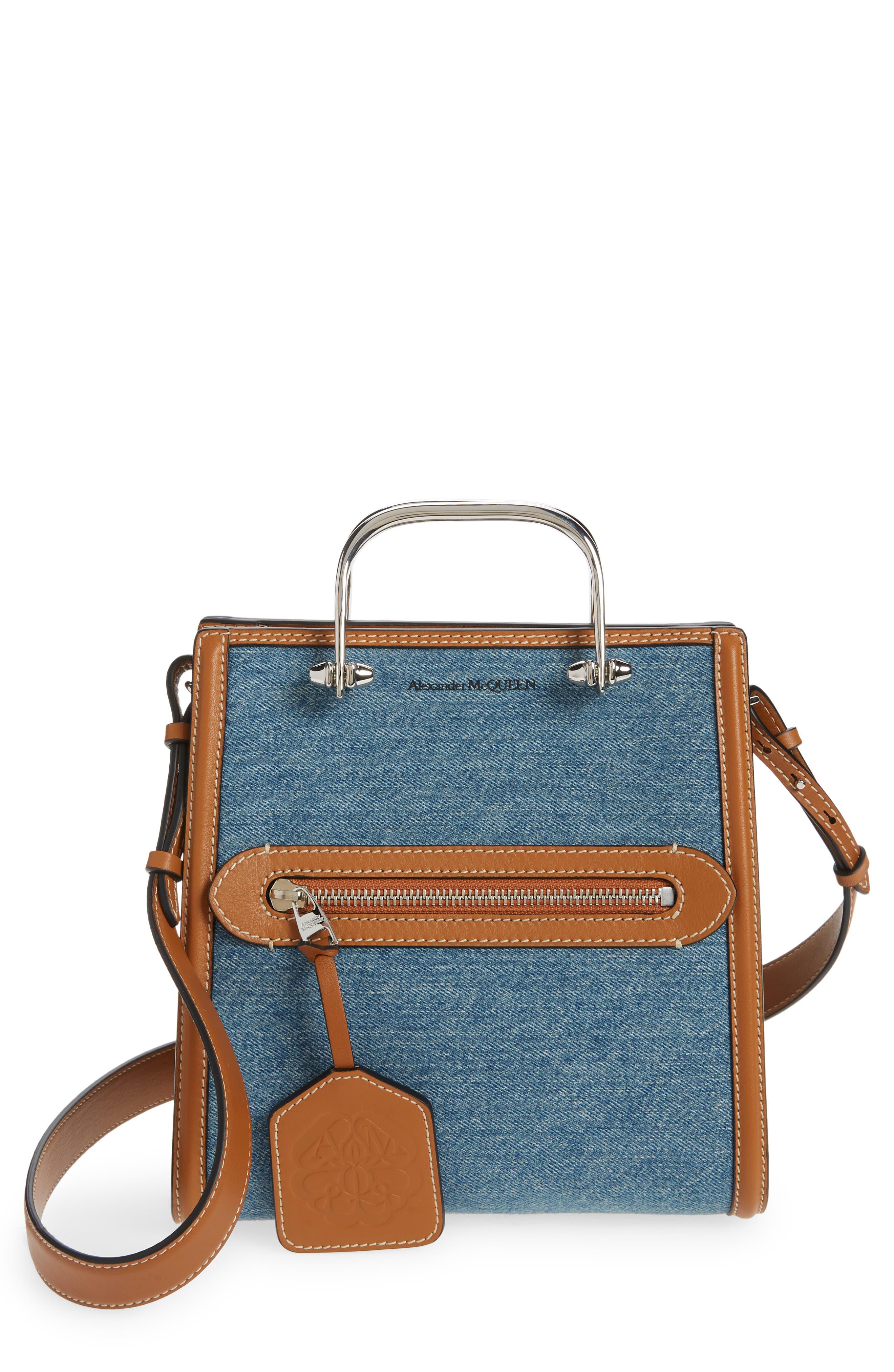 McQueen Alexander McQueen The Short Story Denim & Leather Shoulder Bag, Main, color, 