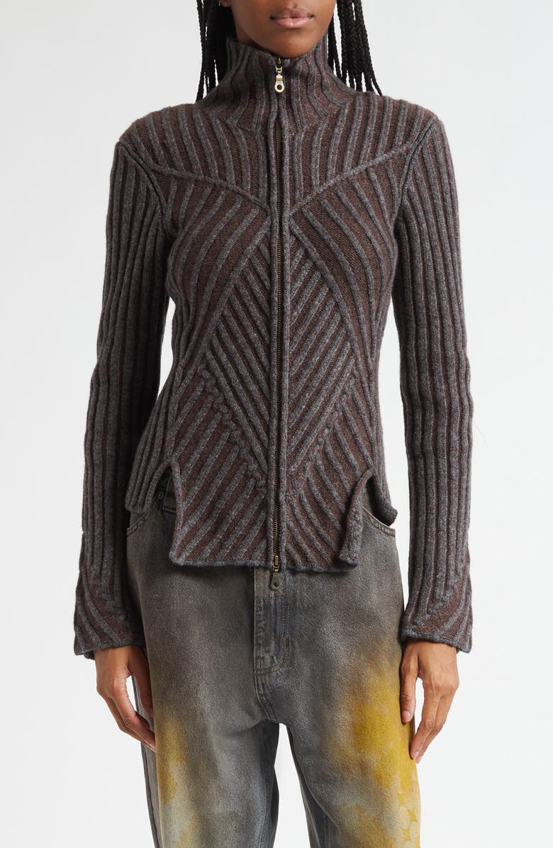 Paolina Russo Warrior Rib Merino Wool Blend Cardigan, Main, color, Grey/ Brown