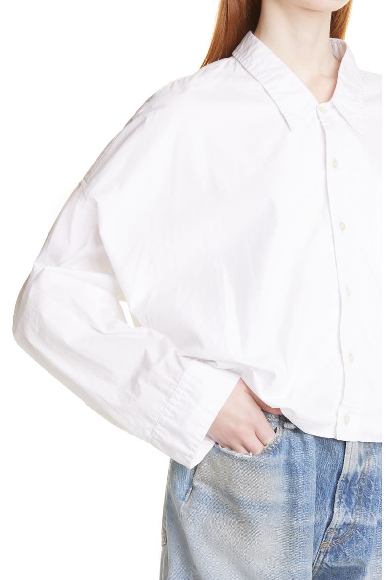 Gathered Hem Crop Cotton Button-Up Shirt, Alternate, color, WHITE