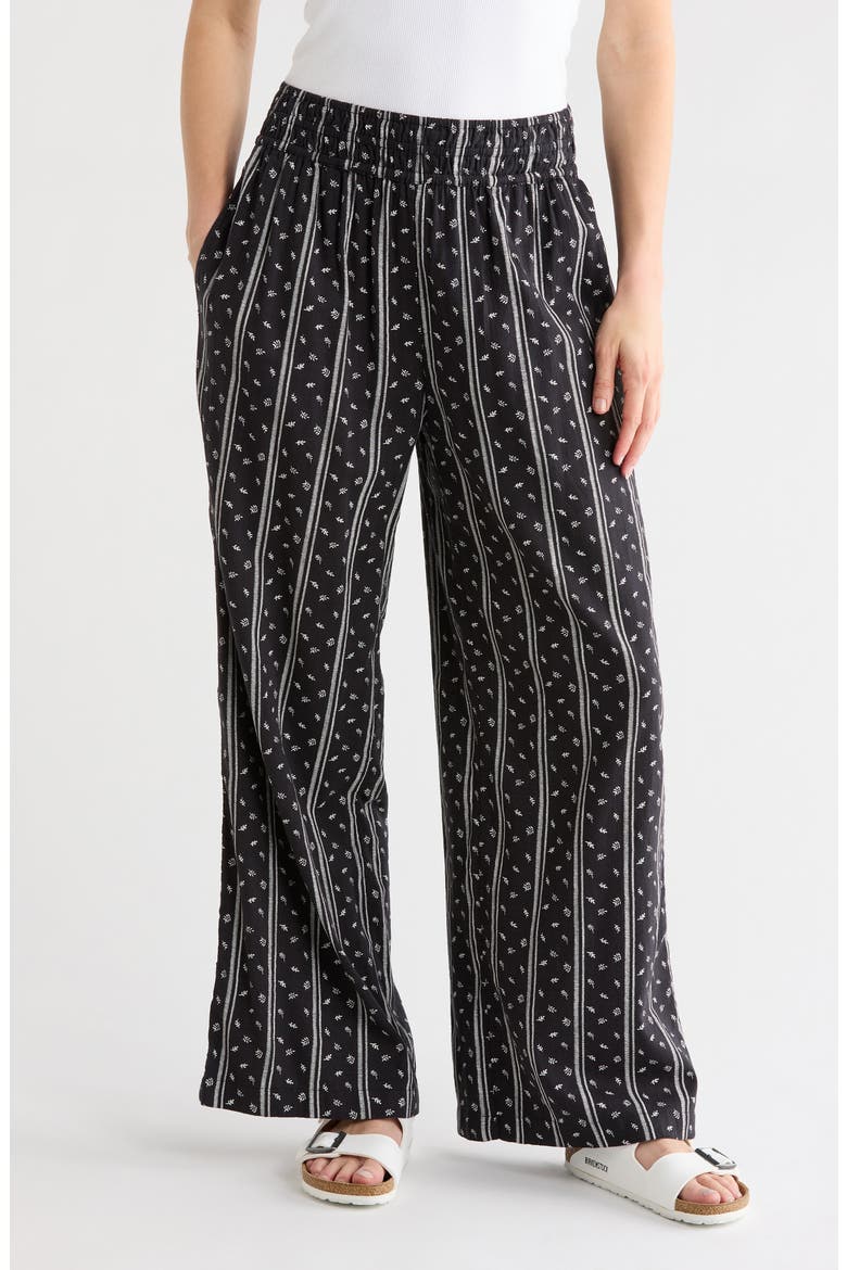 Pull On Slub Pants, Main, color, BLACK- IVORY LEAF MIX STRIPE
