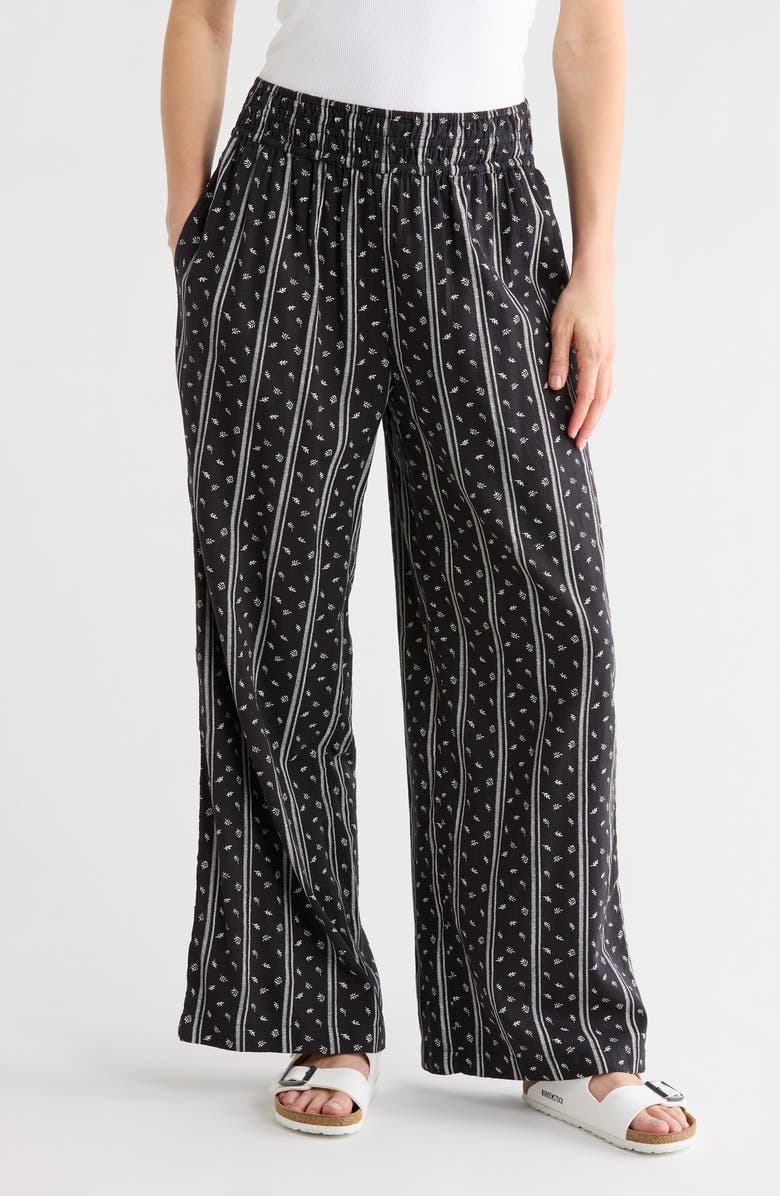 Melrose and Market Pull On Slub Pants, Main, color, Black- Ivory Leaf Mix Stripe