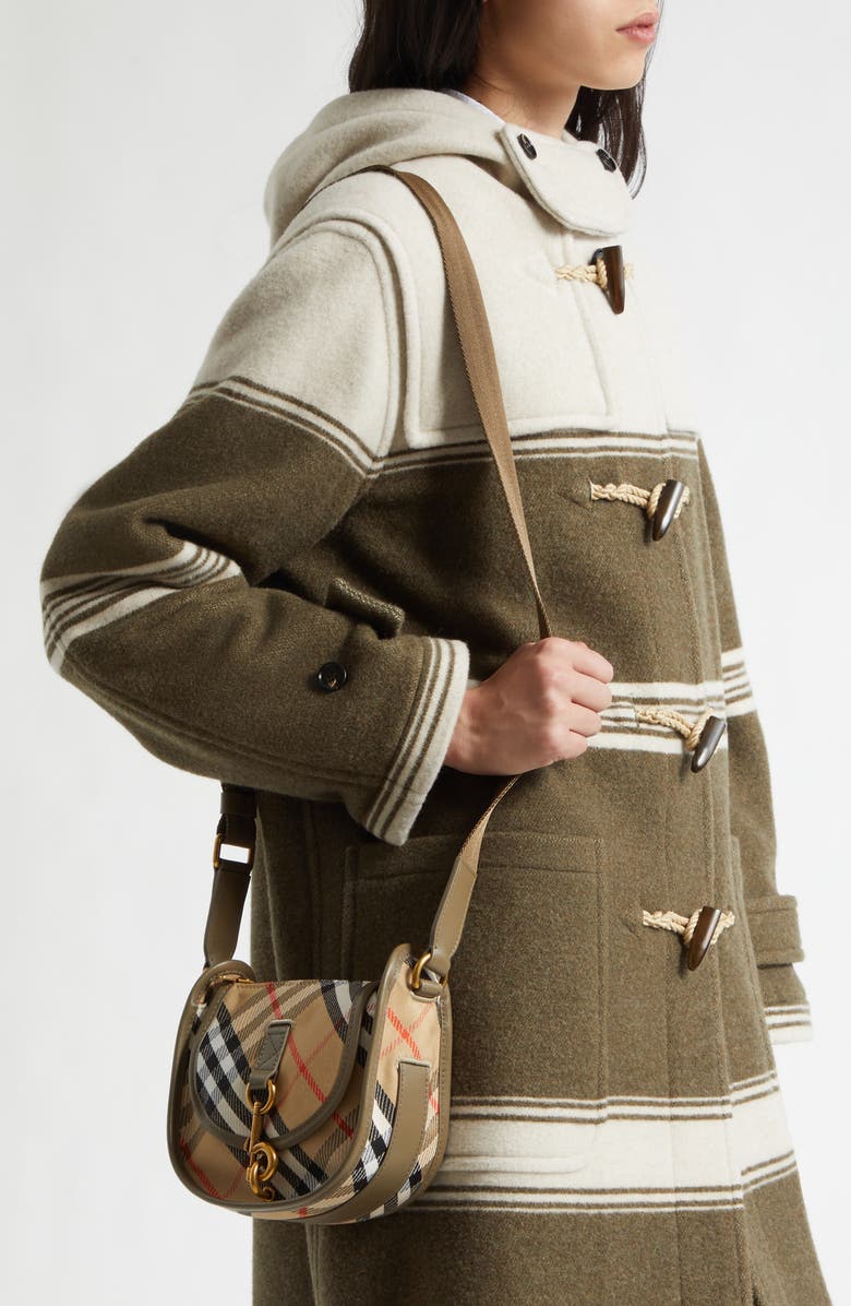 Burberry Mini B Clip Check Coated Canvas Messenger Bag, Alternate, color, Sand