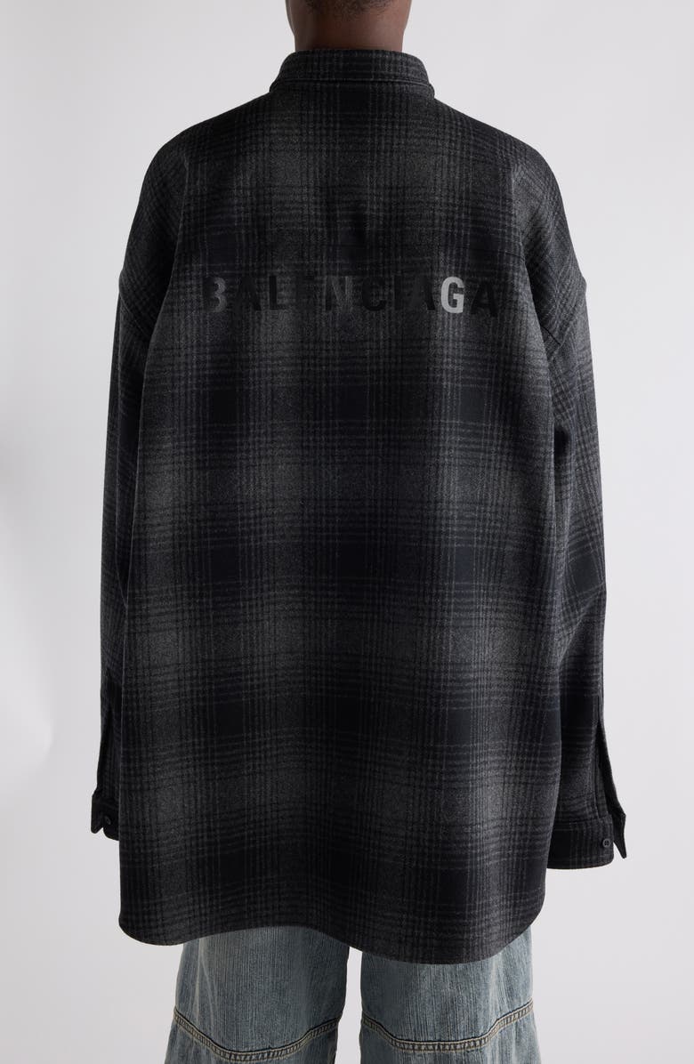 Balenciaga Oversize Plaid Wool Blend Flannel Button-Down Shirt, Alternate, color, 1262 Grey/ Black