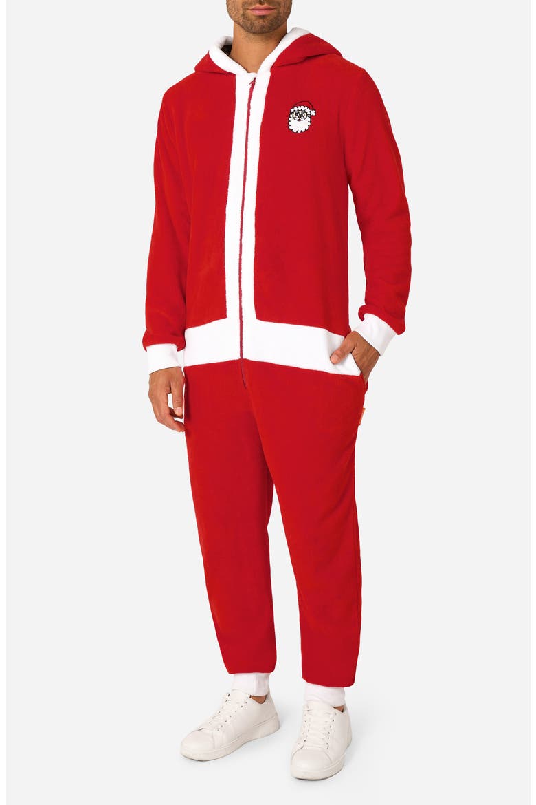 Merry Jinglejoy Holiday Hooded Fleece Costume Jumpsuit, Main, color, RED