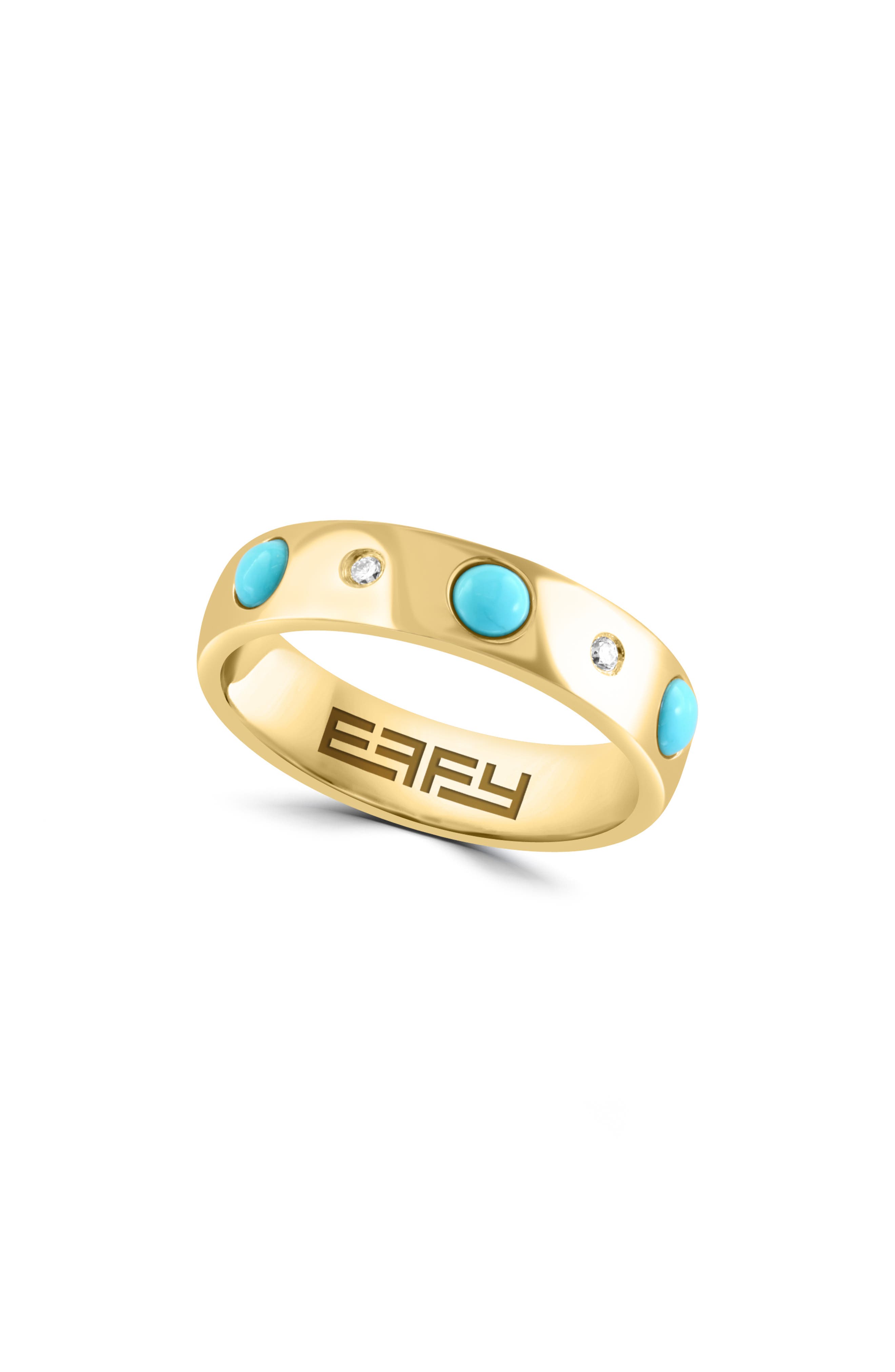 14K Yellow Gold Turquoise & Diamond Band Ring - 0.03ct.