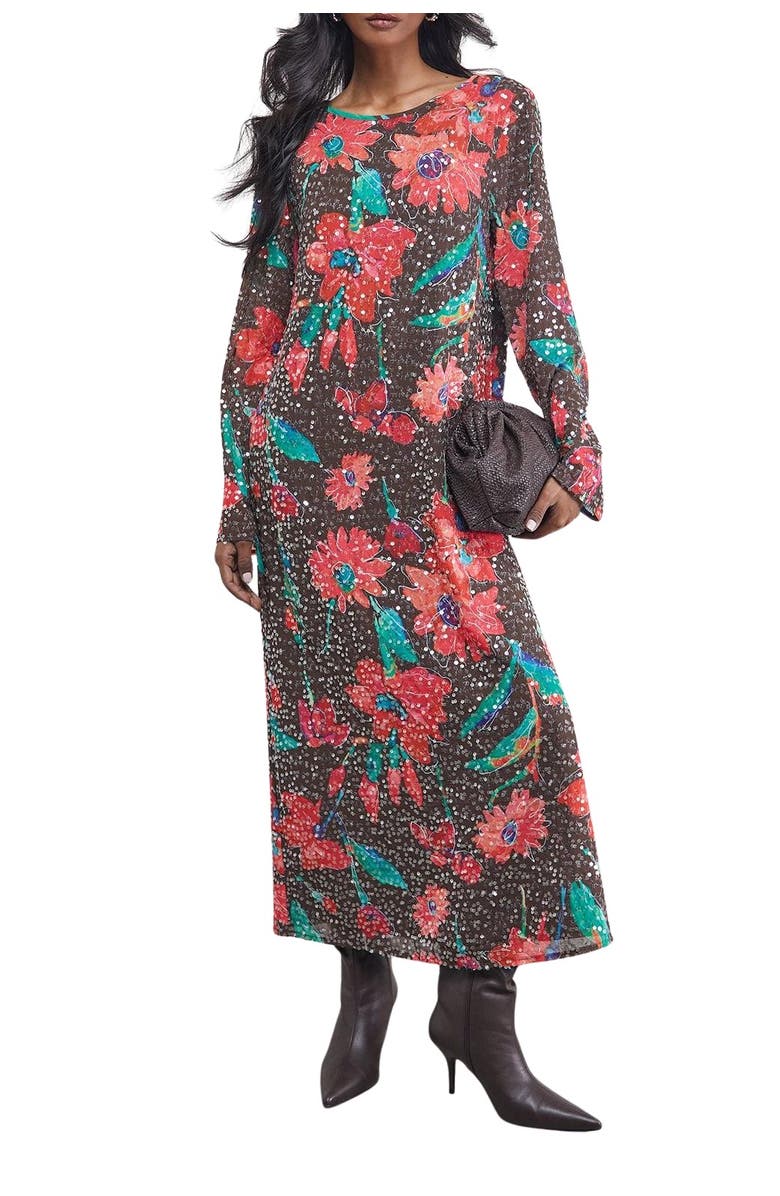 Warehouse Sequin Column Midi Dress, Alternate, color, Chocolate