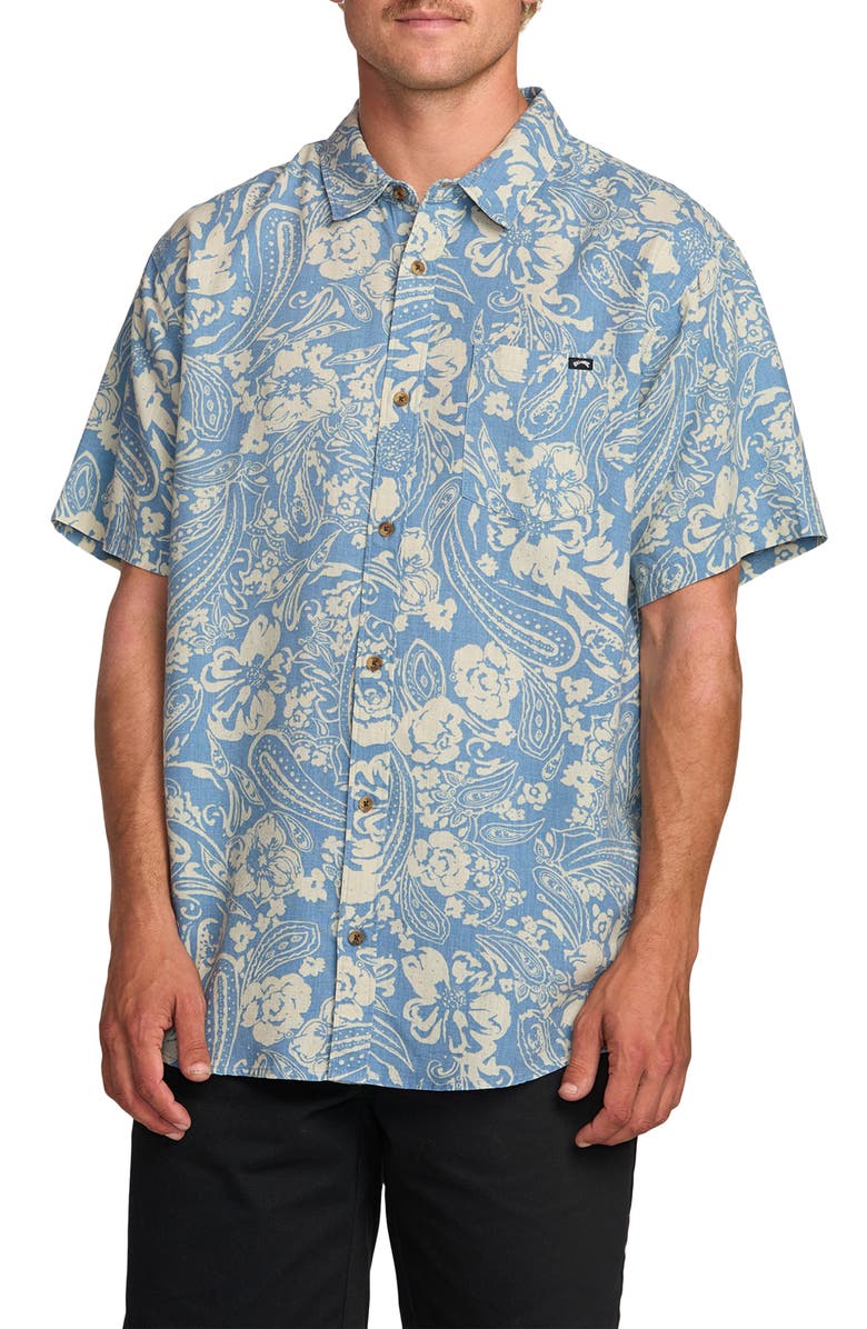 Billabong Cordoba Floral Short Sleeve Linen Blend Button-Up Shirt, Main, color, Carolina Blue