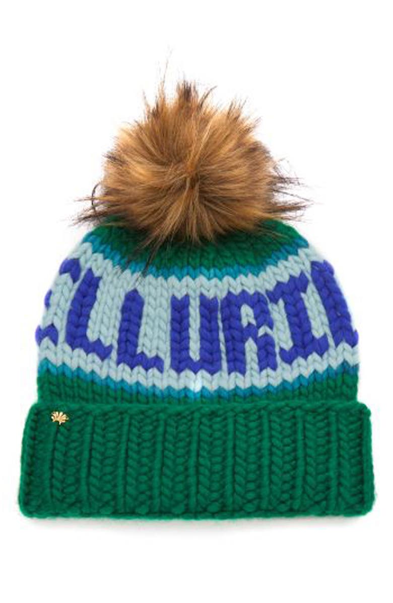 Lele Sadoughi Telluride Faux Fur Pompom Merino Wool Beanie, Main, color, Kelly Green