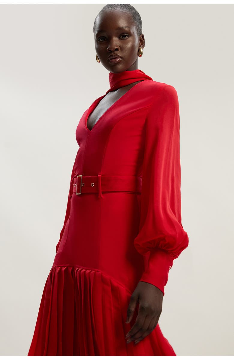 Karen Millen Jersey Ponte Georgette Mix Midi Dress, Alternate, color, Red