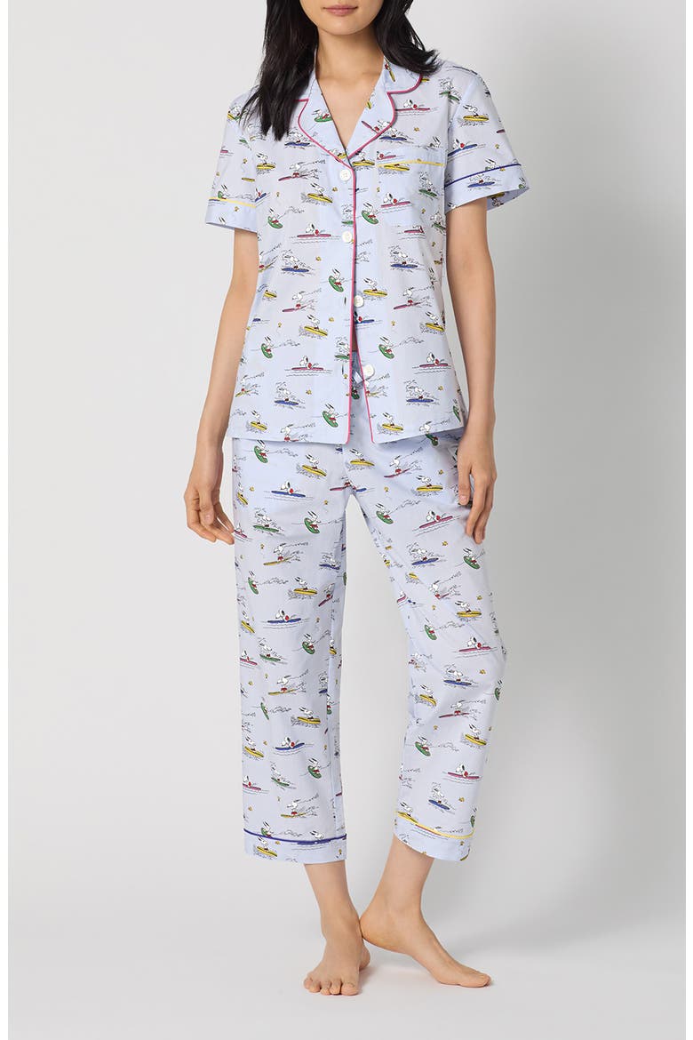 Print Stretch Organic Cotton Jersey Crop Pajamas, Main, color, CATCH A WAVE SNOOPY