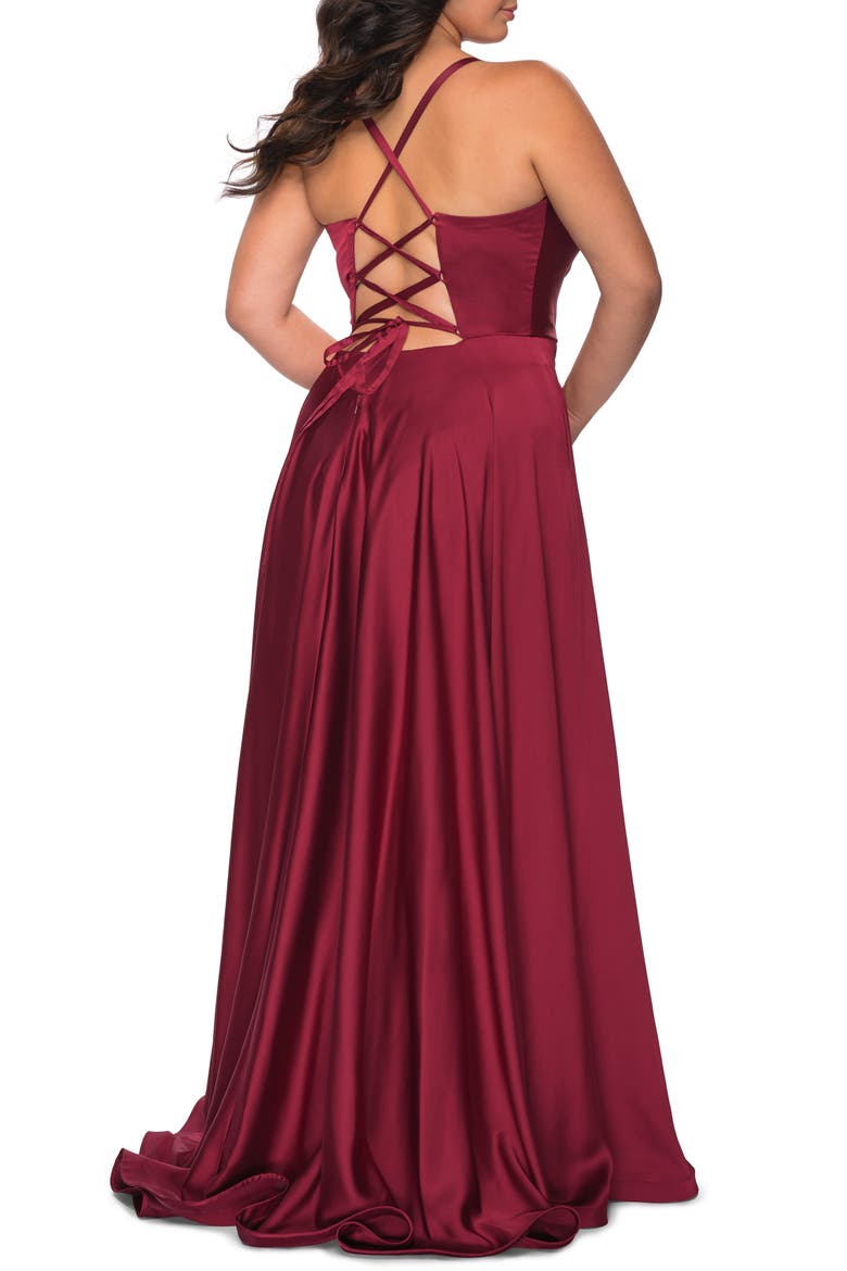 Satin A-line Plus Dress with Lace Up Back and Pockets, Alternate, color, WINE