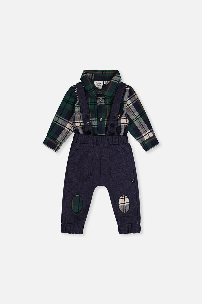 Button Front Bodysuit Suspender Pants Top & Pants Set, Main, color, Blue and Green Checks