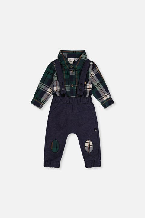 Button Front Bodysuit Suspender Pants Top & Pants Set