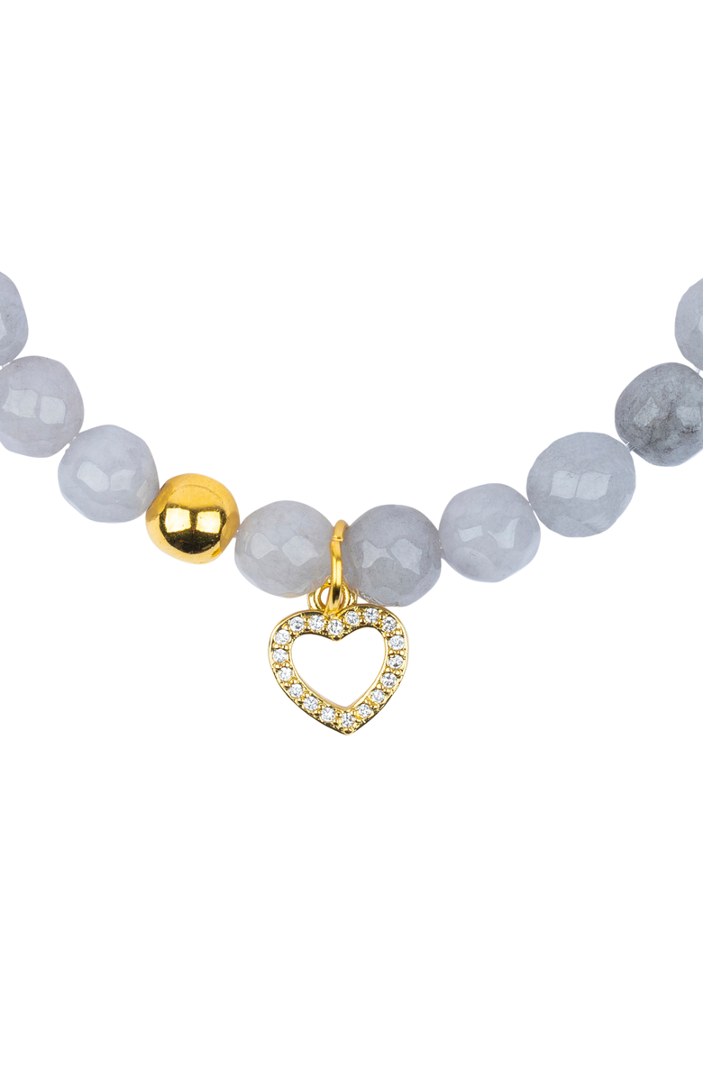 Little Miss Zoe Semi-Precious Gemstone Heart Charm Bracelet in Gift Pouch, Alternate, color, Grey