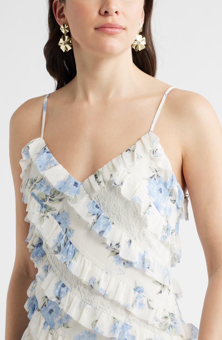 Chelsea28 Ruffle & Lace Sleeveless Maxi Dress, Alternate, color, Blue Floral