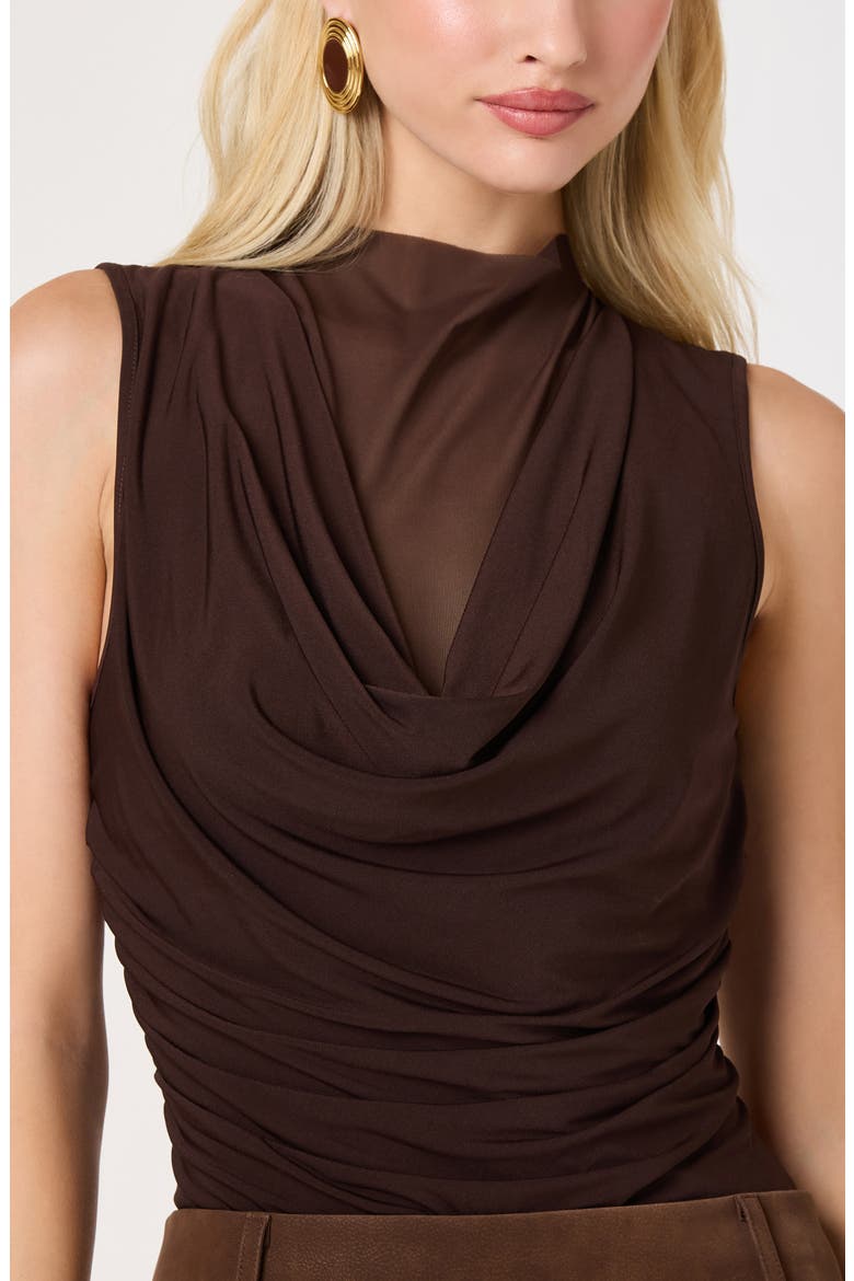 Shaina Cowl Neck Mesh Inset Top, Alternate, color, BROWN