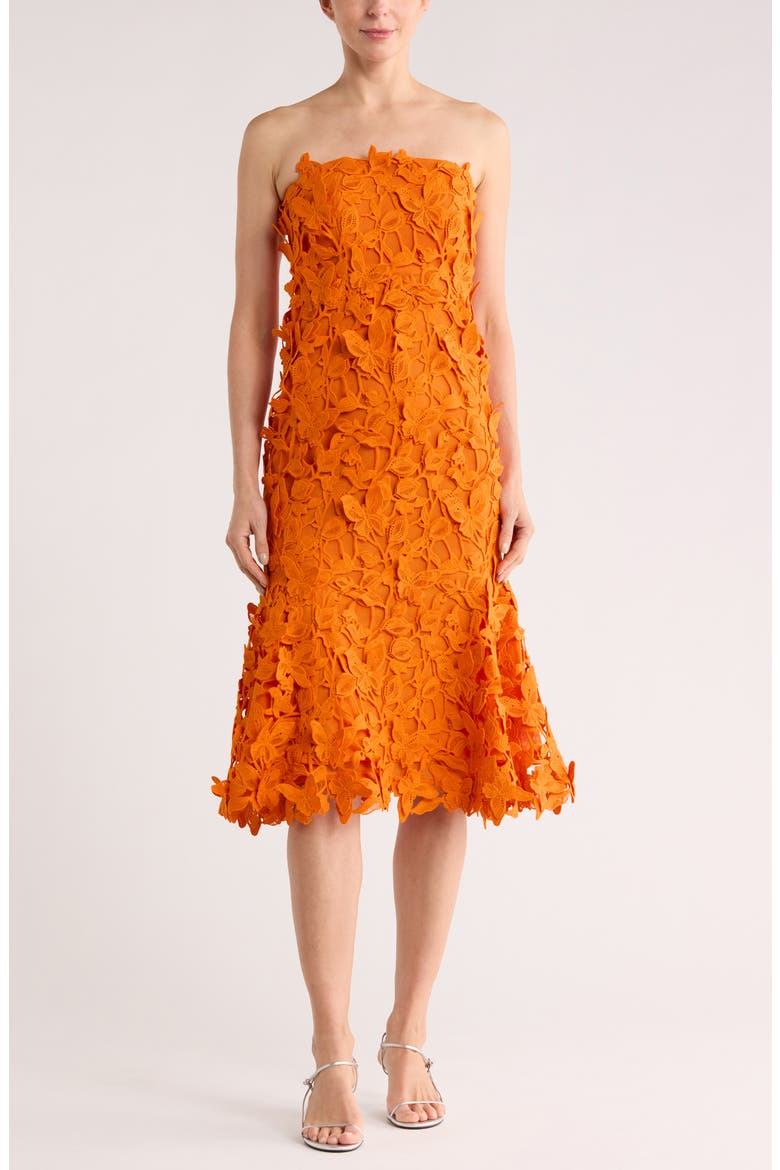 Fleurella Strapless Butterfly Lace Midi Dress, Main, color, TANGERINE